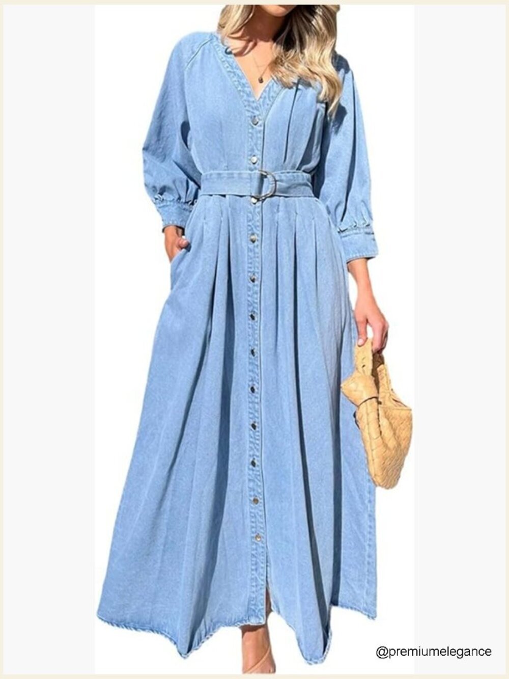 Denim Shirt Dress V Neck 3/4 Sleeve Button Down Belted Maxi Dress